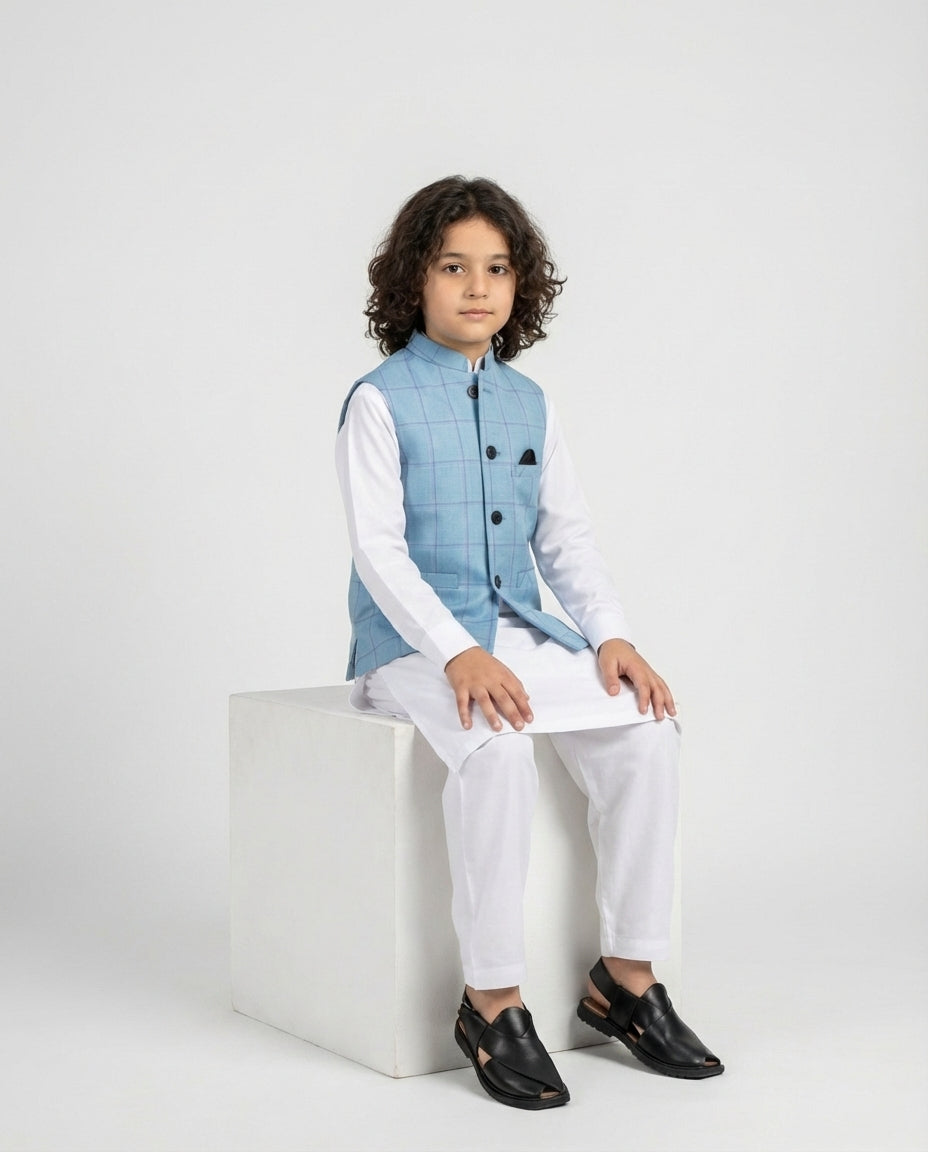 SKY BLUE CHECK WAIST COAT