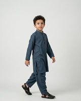 Boys slate blue teal shalwar kameez Eid set — front view