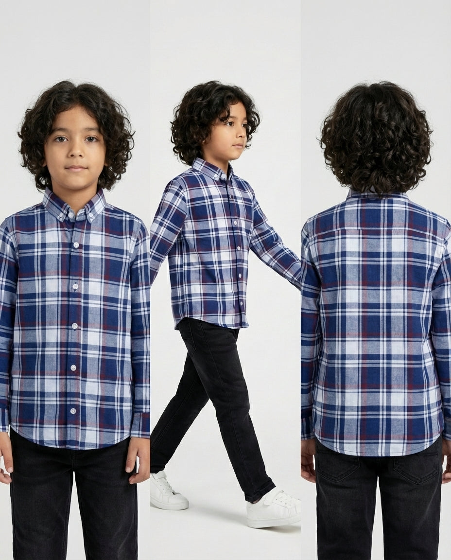 Navy Tartan Buttoned Shirt for Boys — Classic Plaid