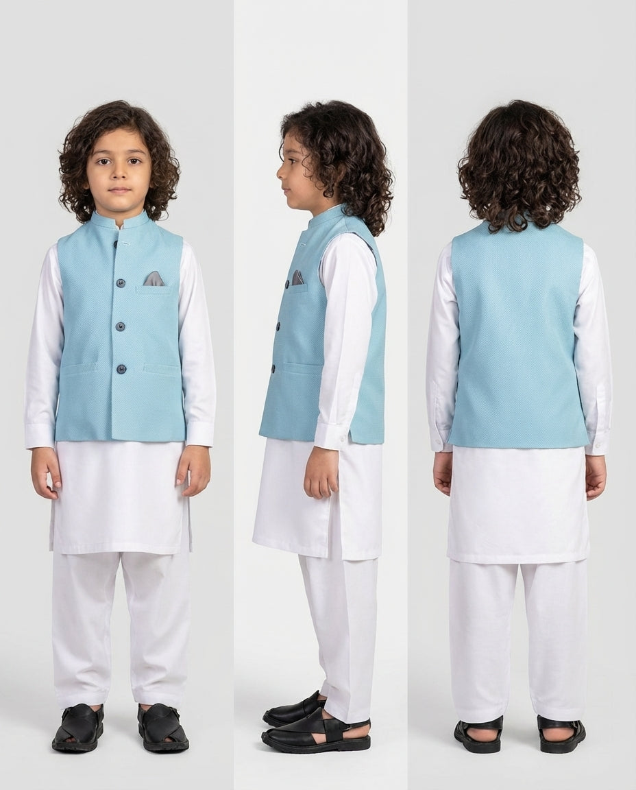 Boys ice blue honeycomb waist coat textured — Eid styling