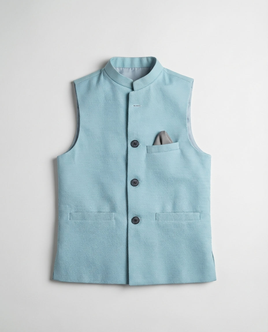 Boys ice blue honeycomb waist coat textured — front view