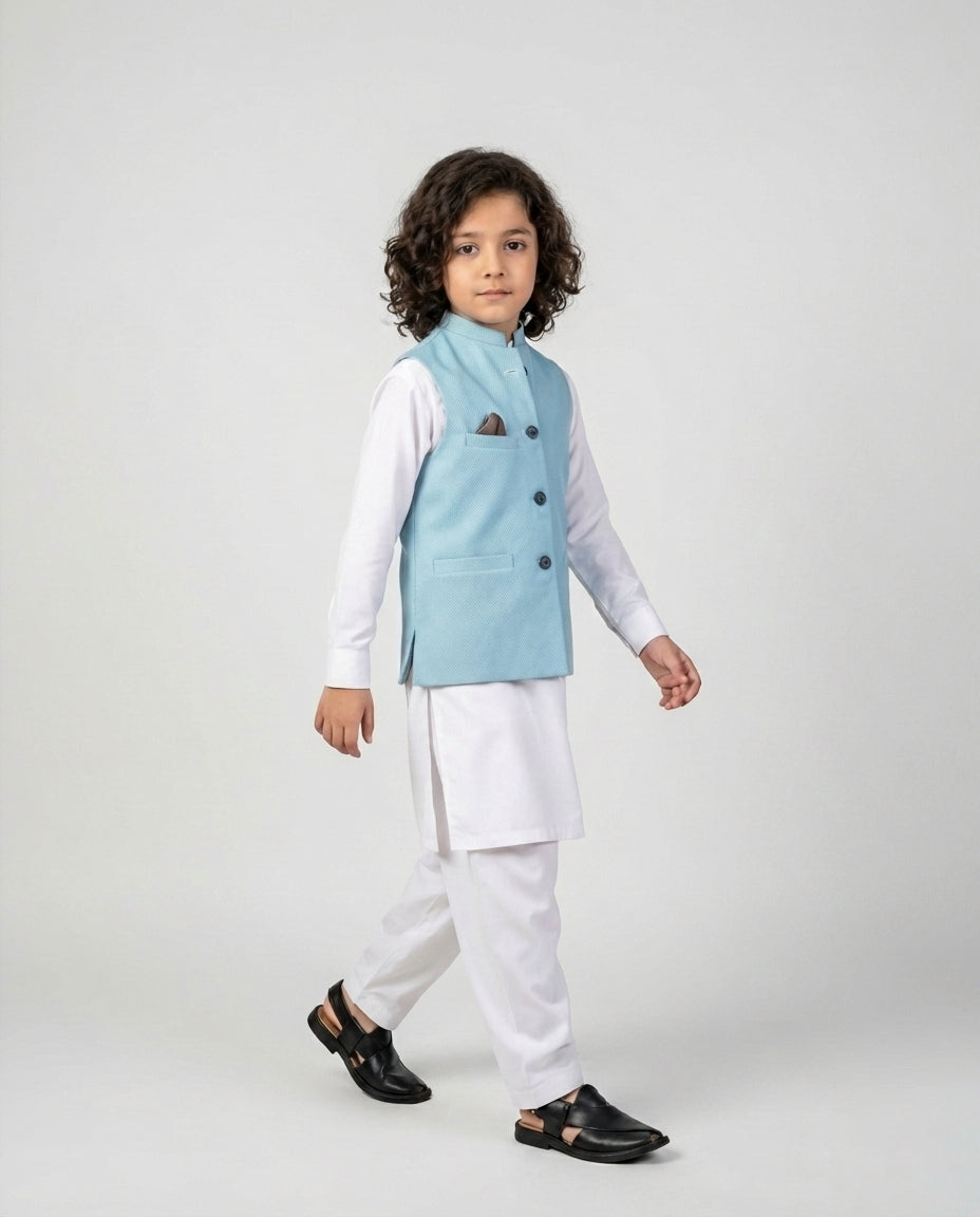Boys ice blue honeycomb waist coat textured — side view