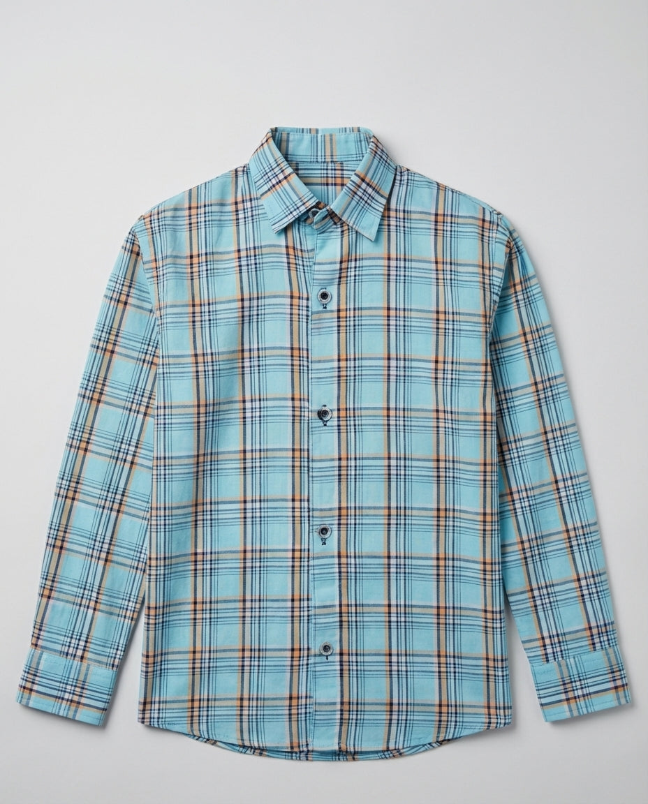 Aqua Blue Check Shirt for Boys — Light Pattern