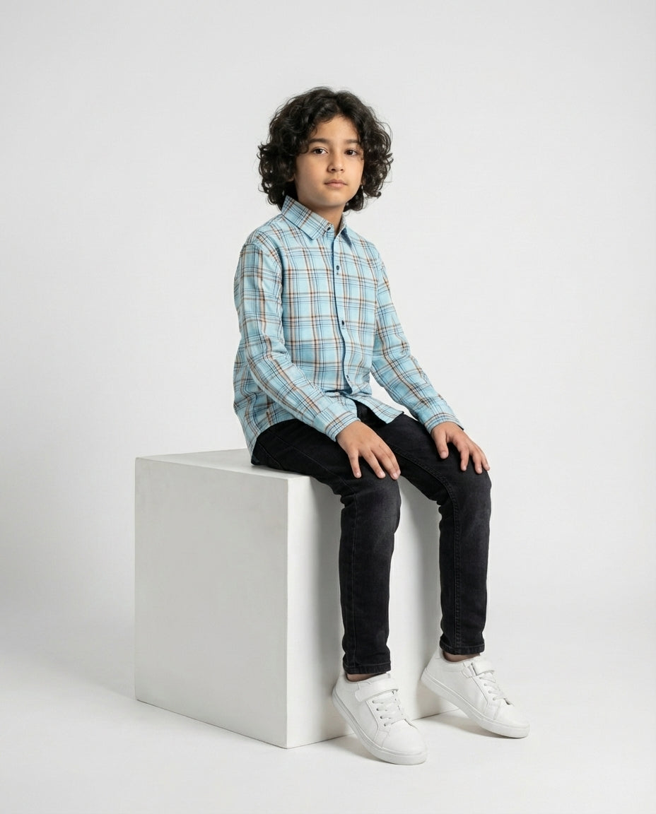 Aqua Blue Check Shirt for Boys — Casual Shirts for Boys — View 3 | Little Giants