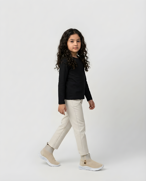 Beige Knit Sock Bootie girls shoe side profile — Little Giants