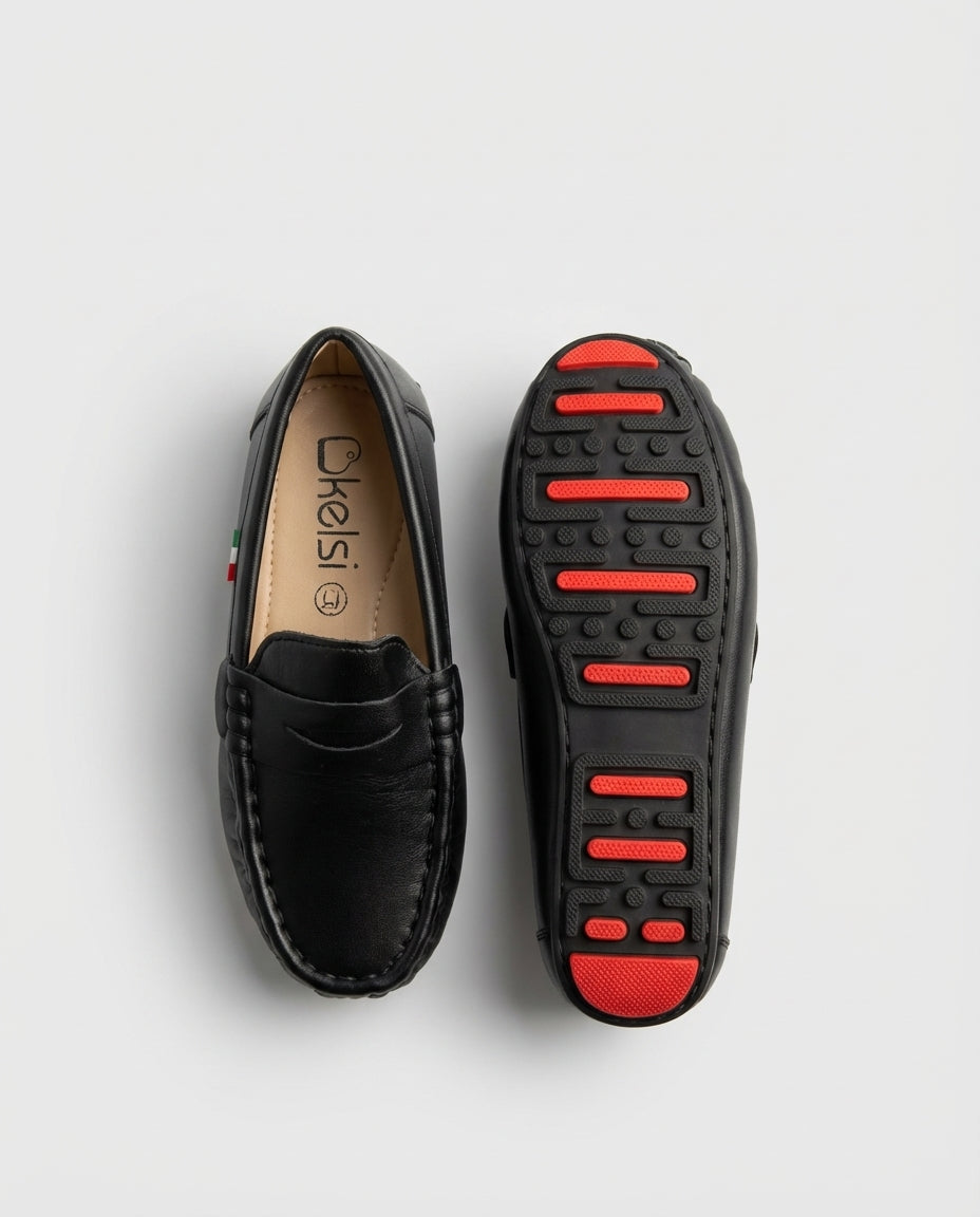 Boys black Milano leather driving loafer — sole view