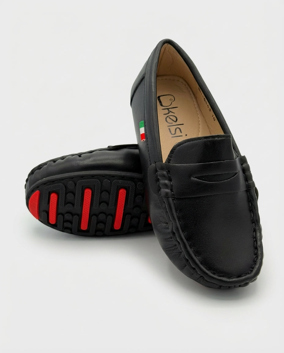 Boys black Milano leather driving loafer — front view