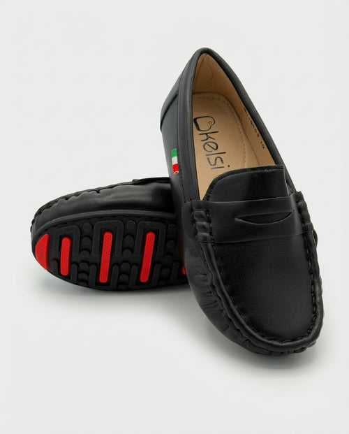 Boys black Milano leather driving loafer — front view
