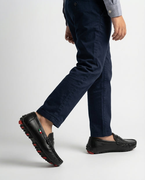 Boys black Milano leather driving loafer — side profile