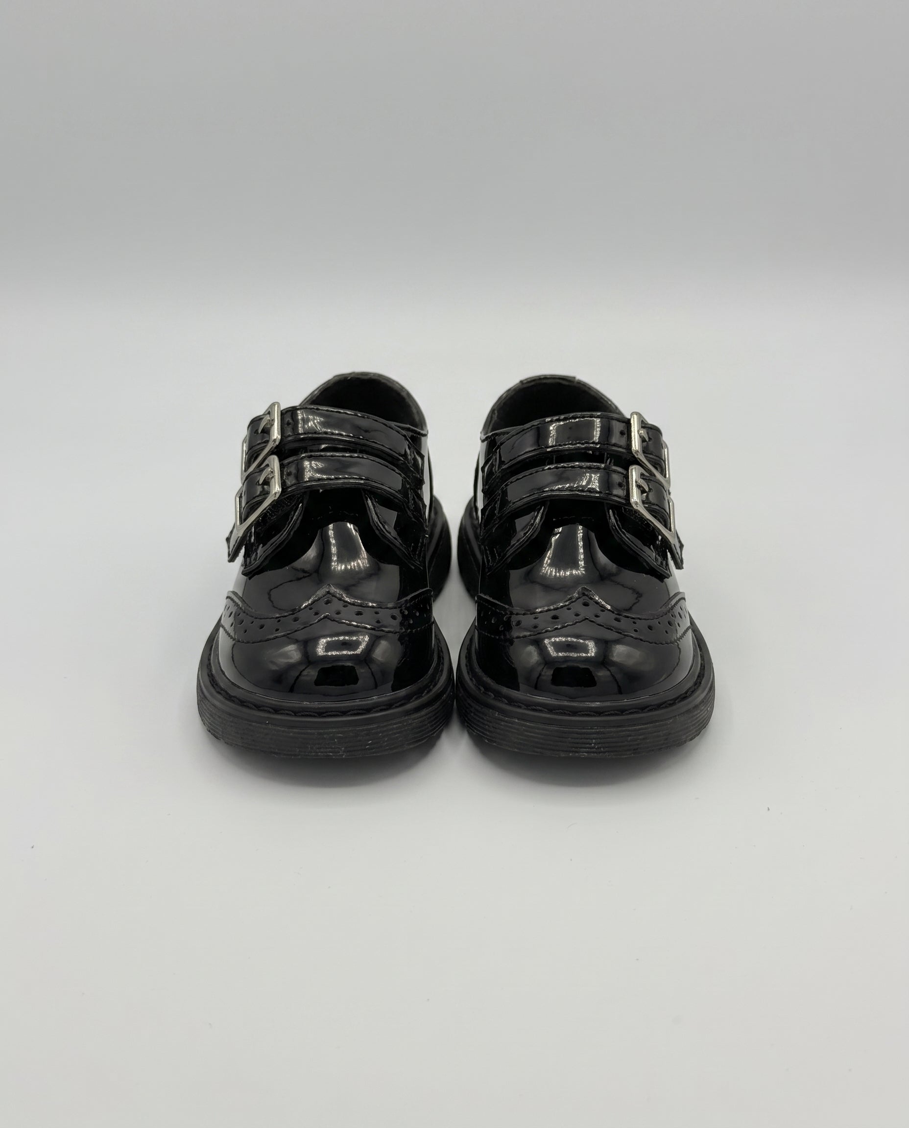 Boys glossy black patent monk shoe — toe detail
