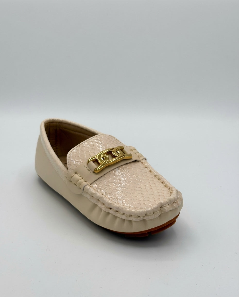 Boys beige snake embossed driving loafer — front view