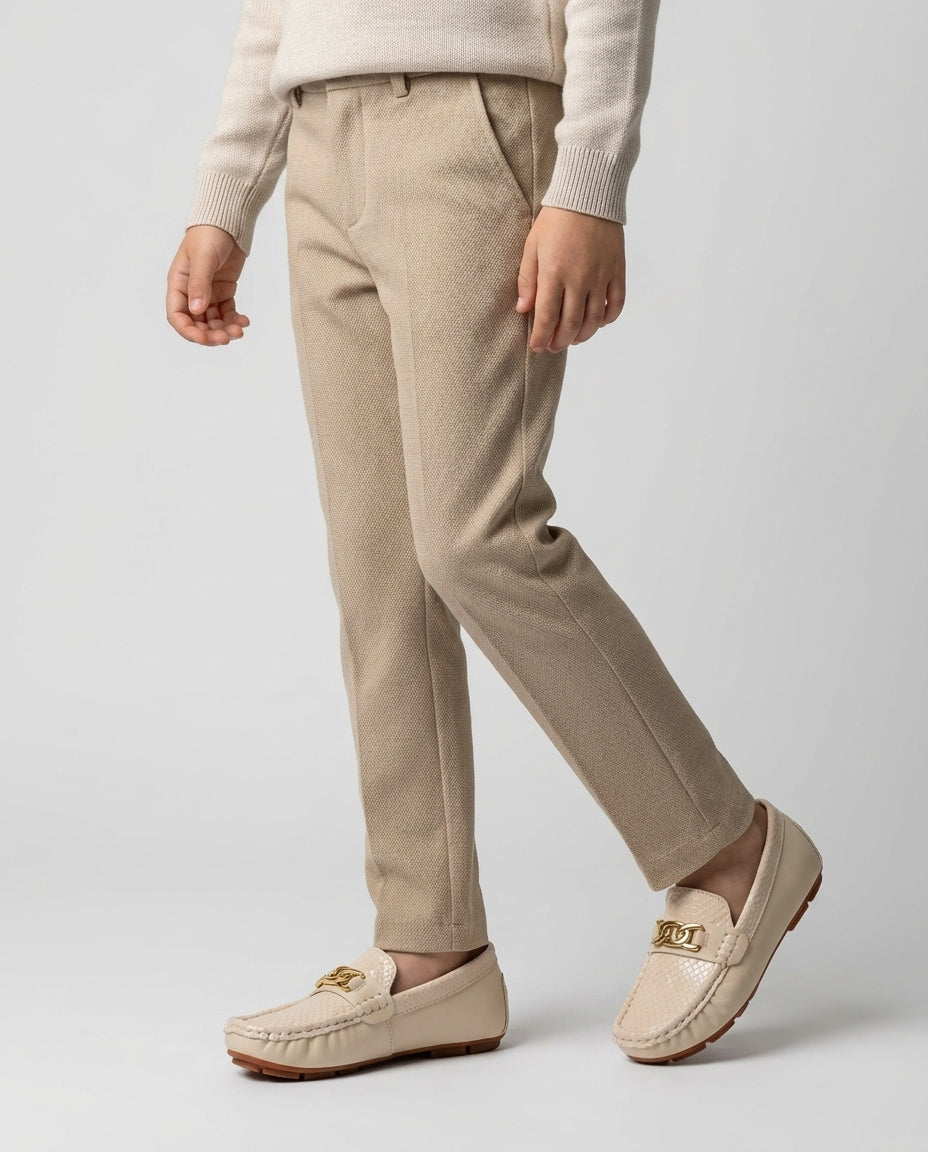 Boys beige snake embossed driving loafer — side profile
