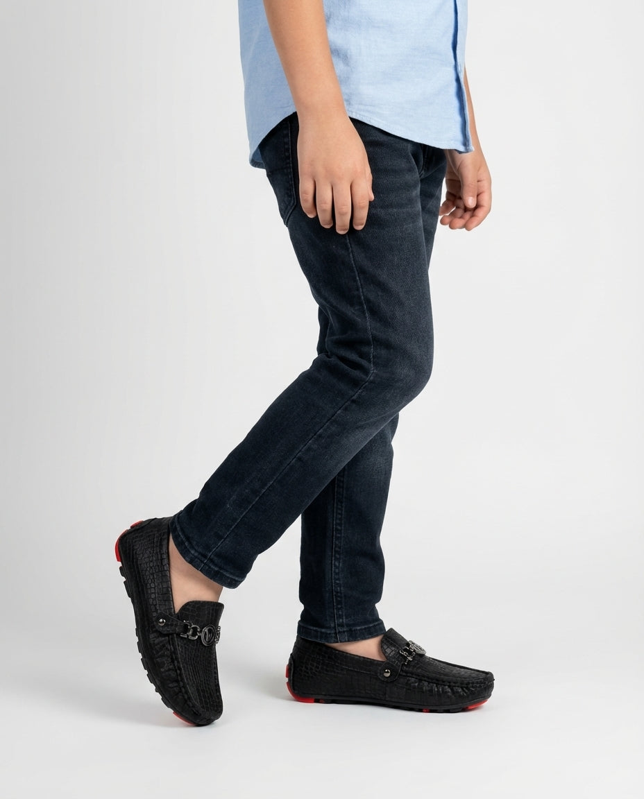Boys black croc embossed driving loafer — side profile