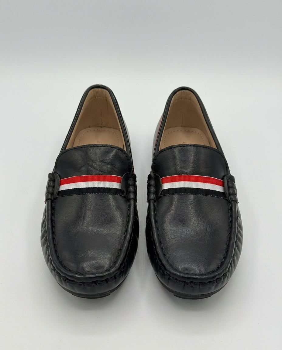 Boys black leather striped loafer — front view