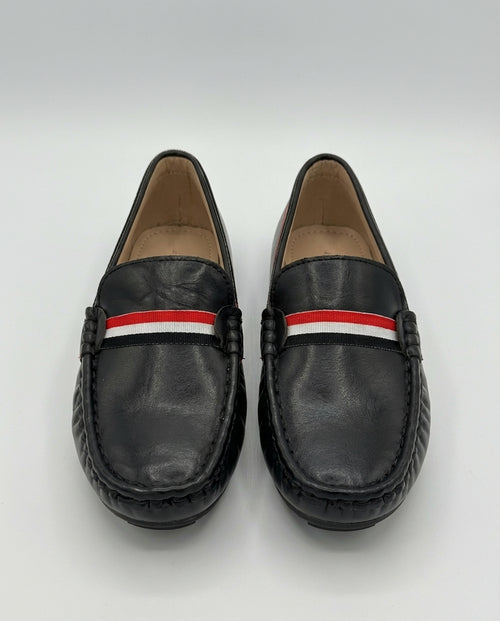 Boys black leather striped loafer — front view