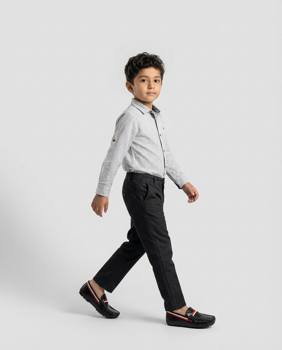 Boys black leather striped loafer — side profile