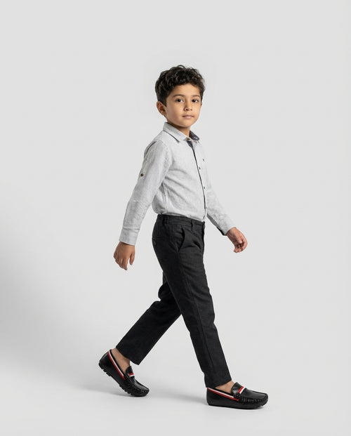Boys black leather striped loafer — side profile