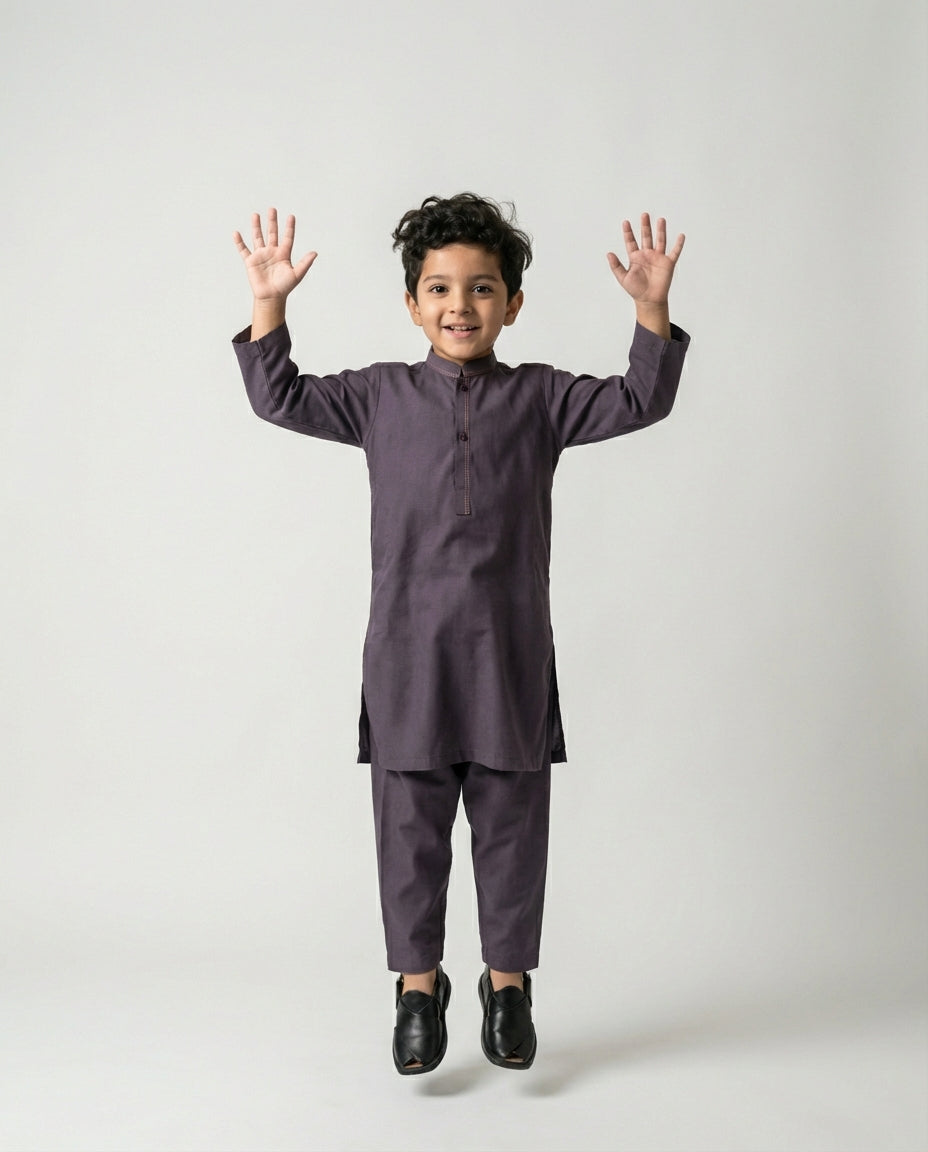 Boys charcoal mauve minimalist shalwar kameez — side view