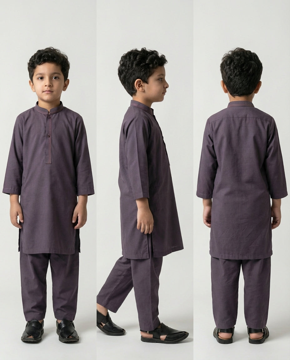 Boys charcoal mauve minimalist shalwar kameez — collar detail