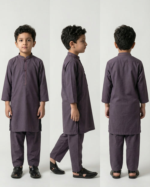 Boys charcoal mauve minimalist shalwar kameez — collar detail