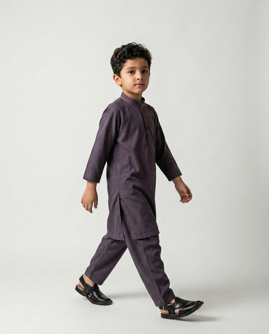 Boys charcoal mauve minimalist shalwar kameez — front view