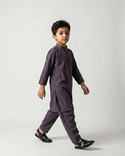 Boys charcoal mauve minimalist shalwar kameez — front view