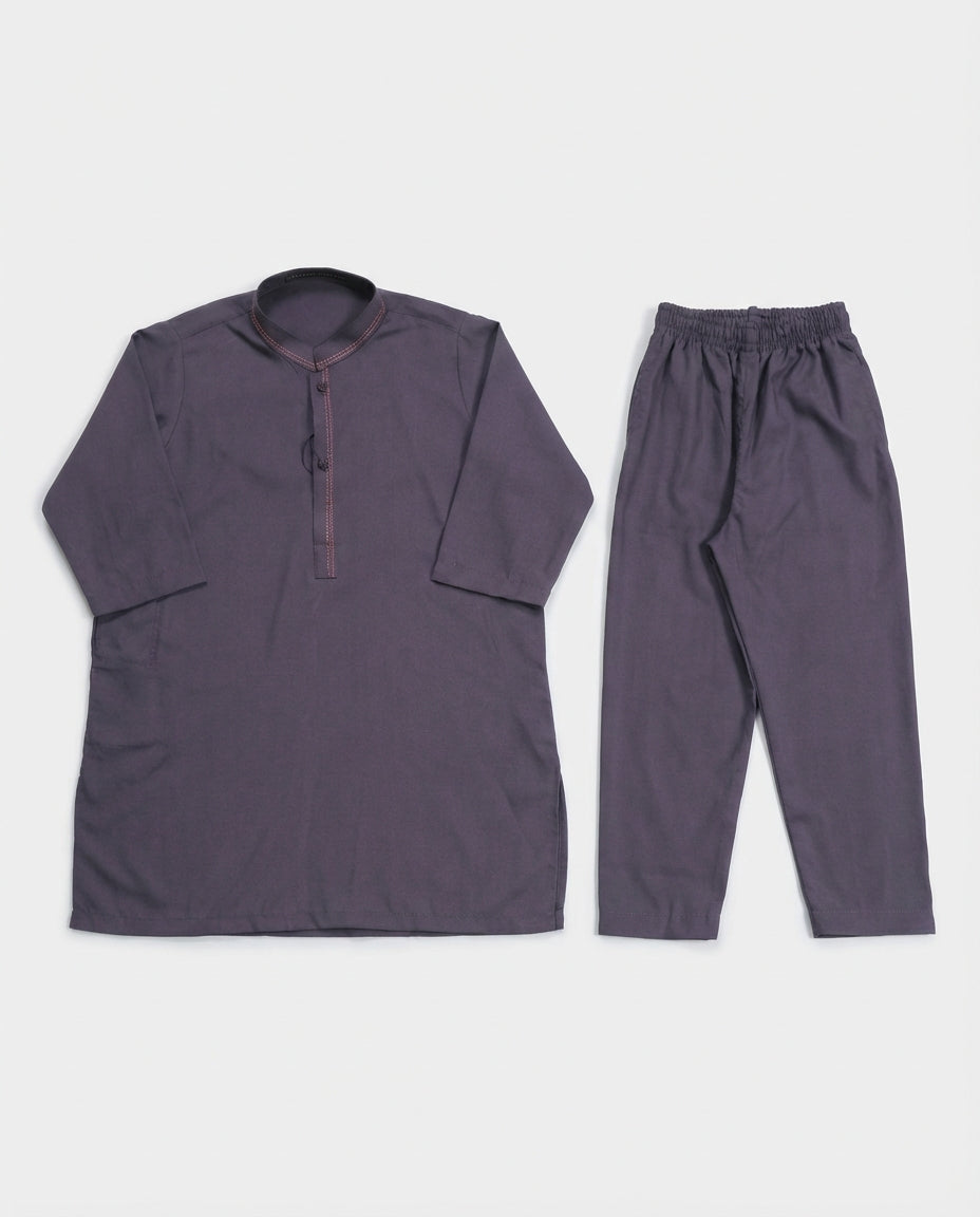 Boys charcoal mauve minimalist shalwar kameez — Eid styling