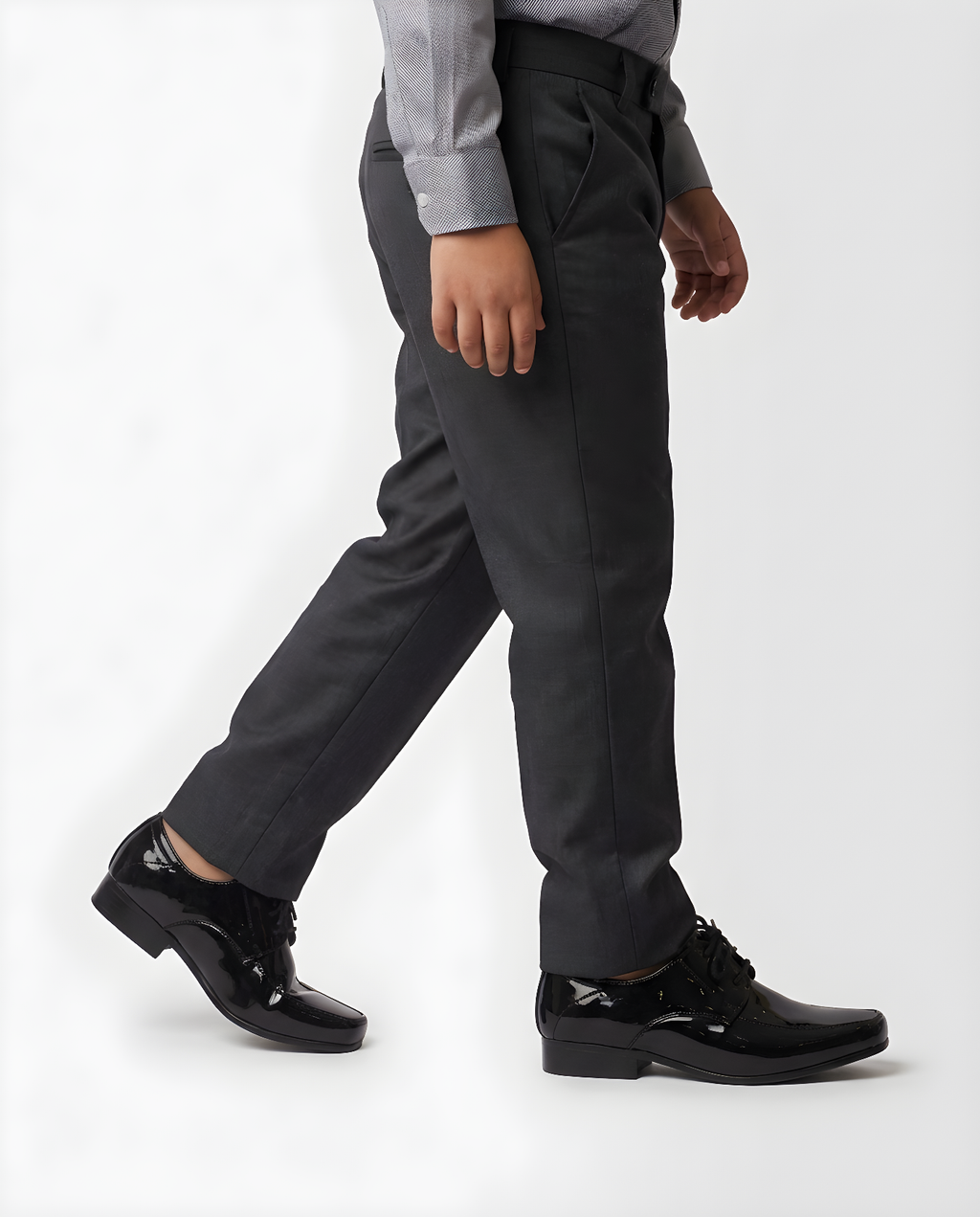 Boys classic black patent derby shoe — side profile