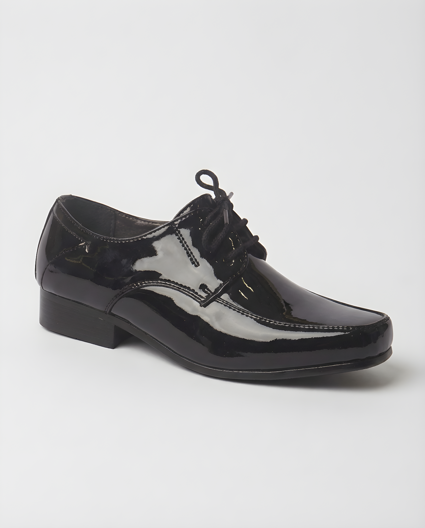 Boys classic black patent derby shoe — front view