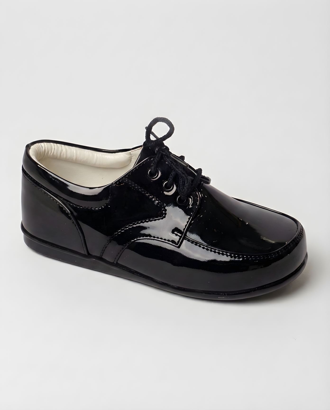 Boys classic black patent oxford shoe — front view