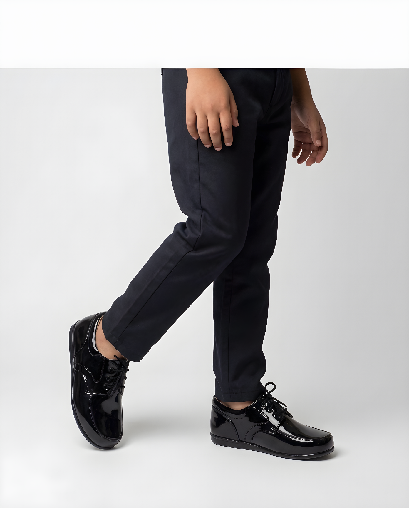 Boys classic black patent oxford shoe — side profile