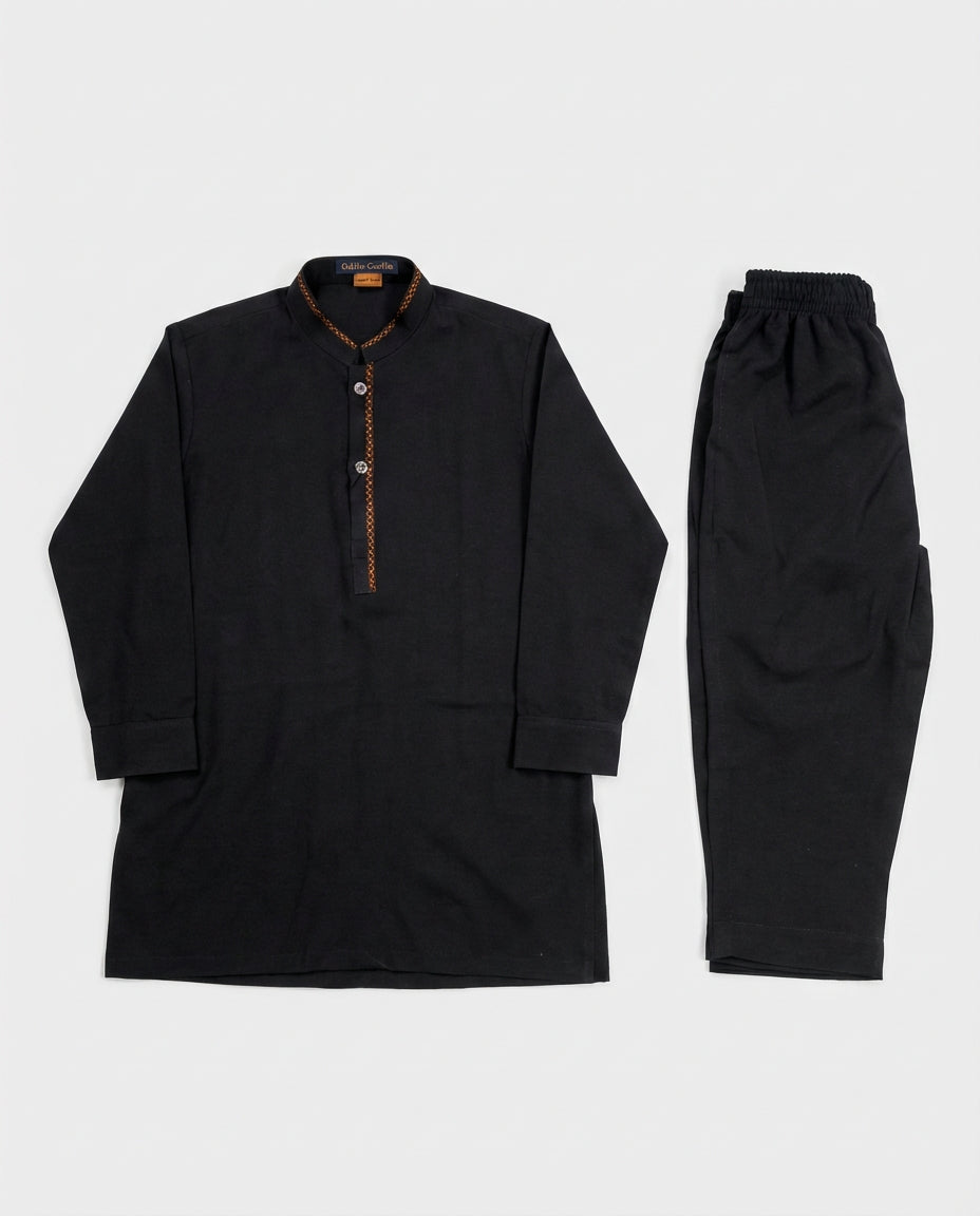 Boys classic black shalwar kameez Eid wear — full outfit