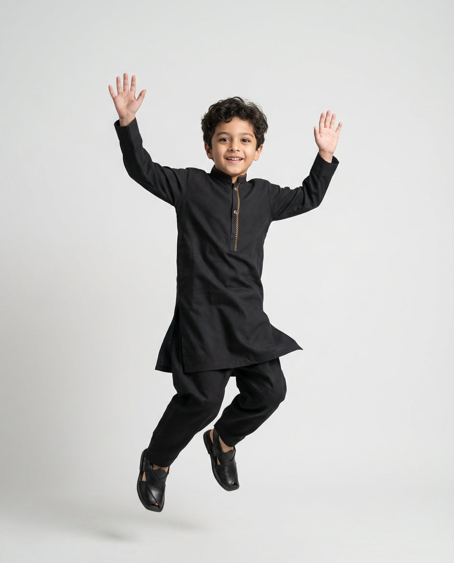 Boys classic black shalwar kameez Eid wear — side view