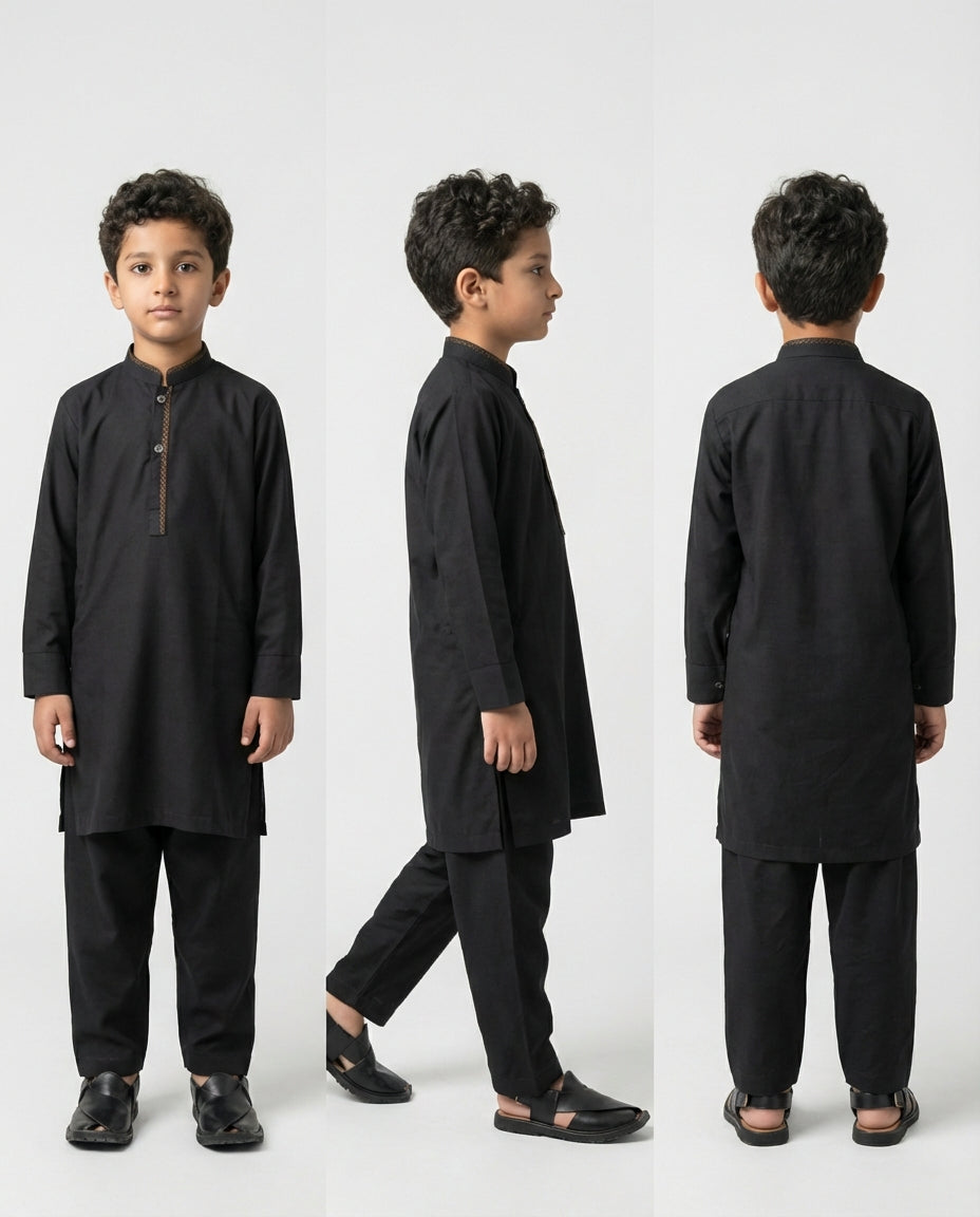 Boys classic black shalwar kameez Eid wear — collar detail
