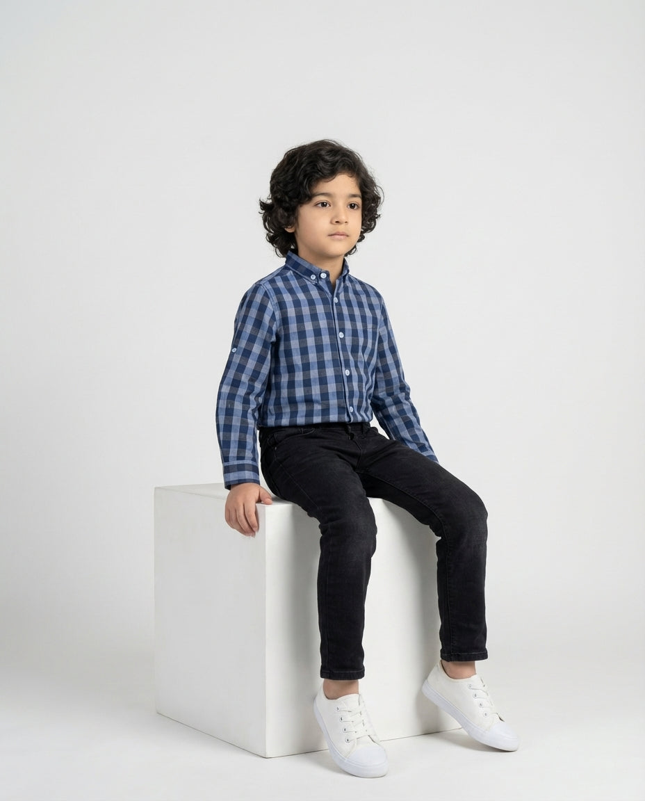 Essential Navy Grey Plaid Shirt for Boys — Casual Shirts for Boys — View 3 | Little Giants