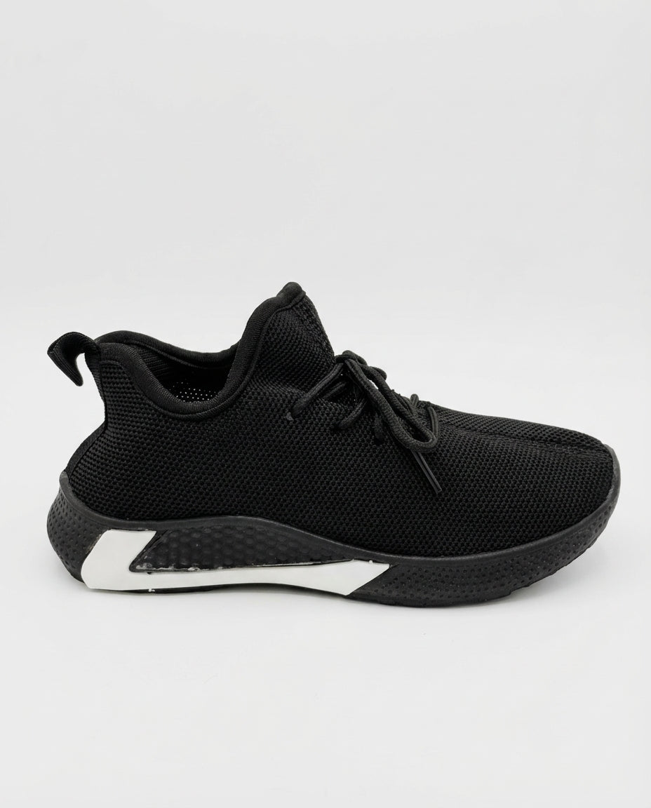 Boys little black knit mesh trainer — front view