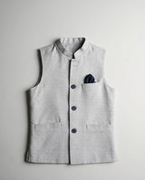 Boys light steel grey linen blend waist coat heathered — front view