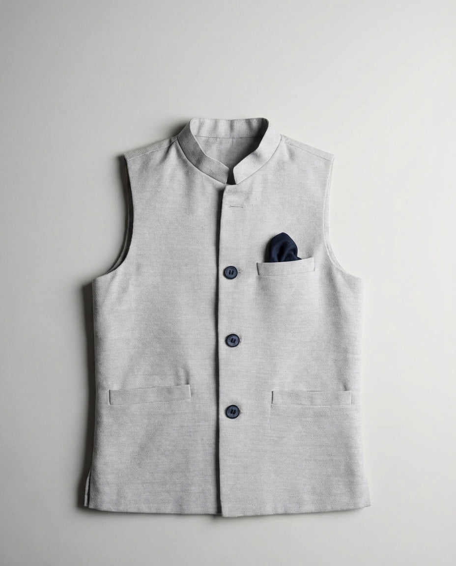 Boys light steel grey linen blend waist coat heathered — front view