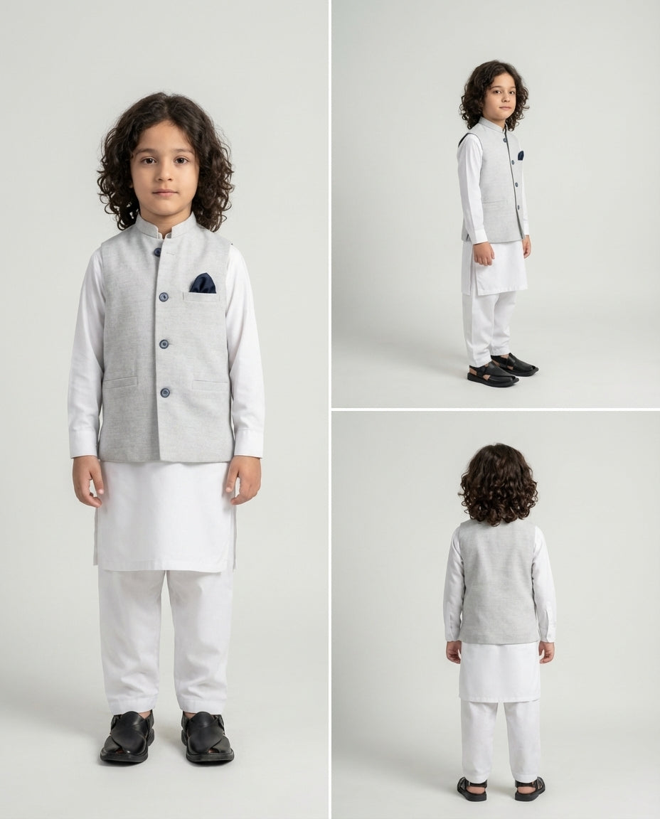 Boys light steel grey linen blend waist coat heathered — Eid styling