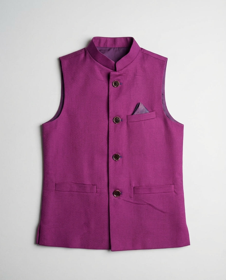 Boys magenta dotted waist coat statement — front view