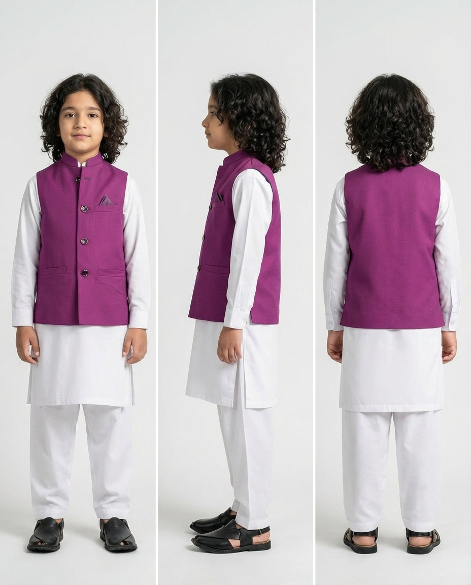 Boys magenta dotted waist coat statement — Eid styling