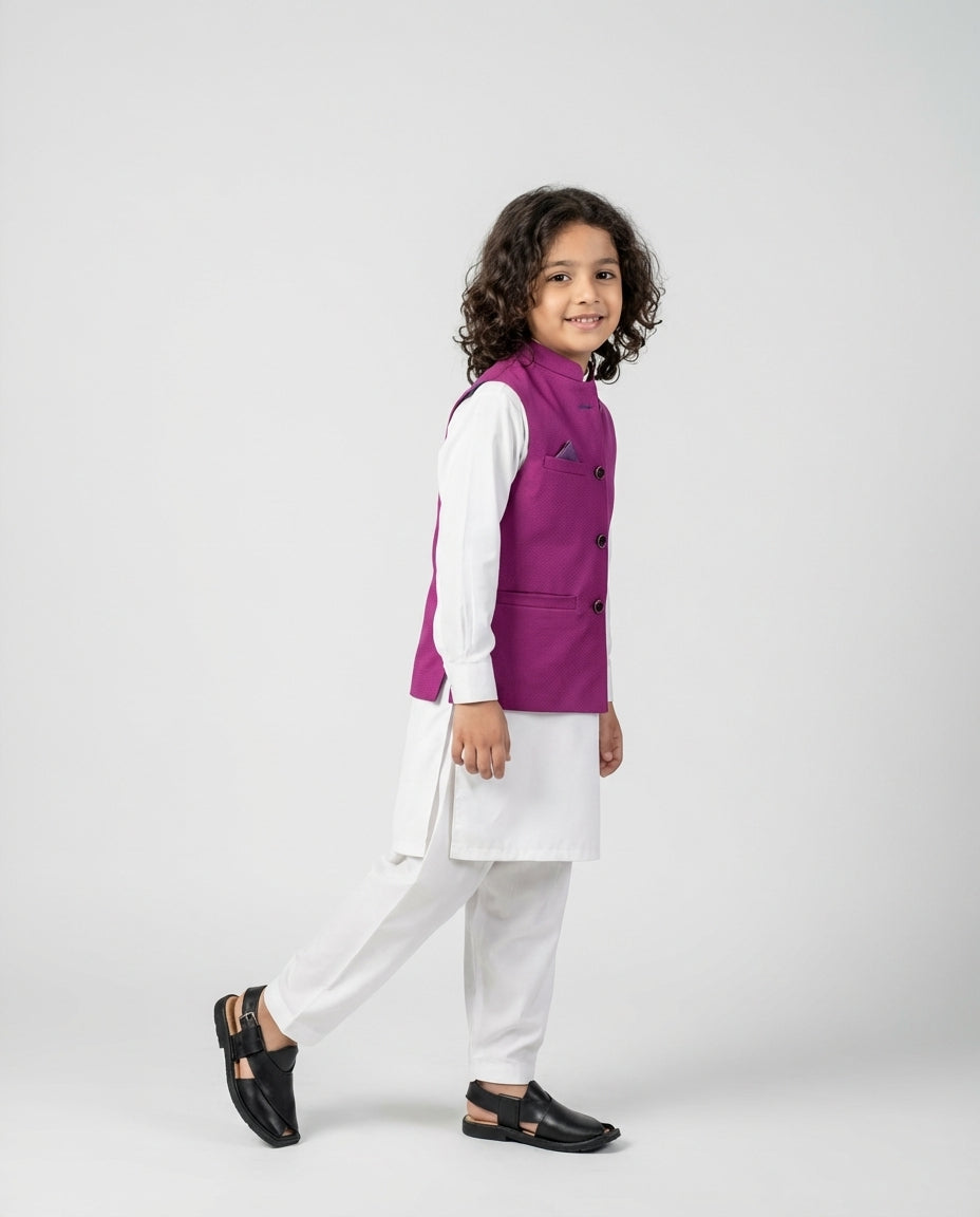 Boys magenta dotted waist coat statement — side view