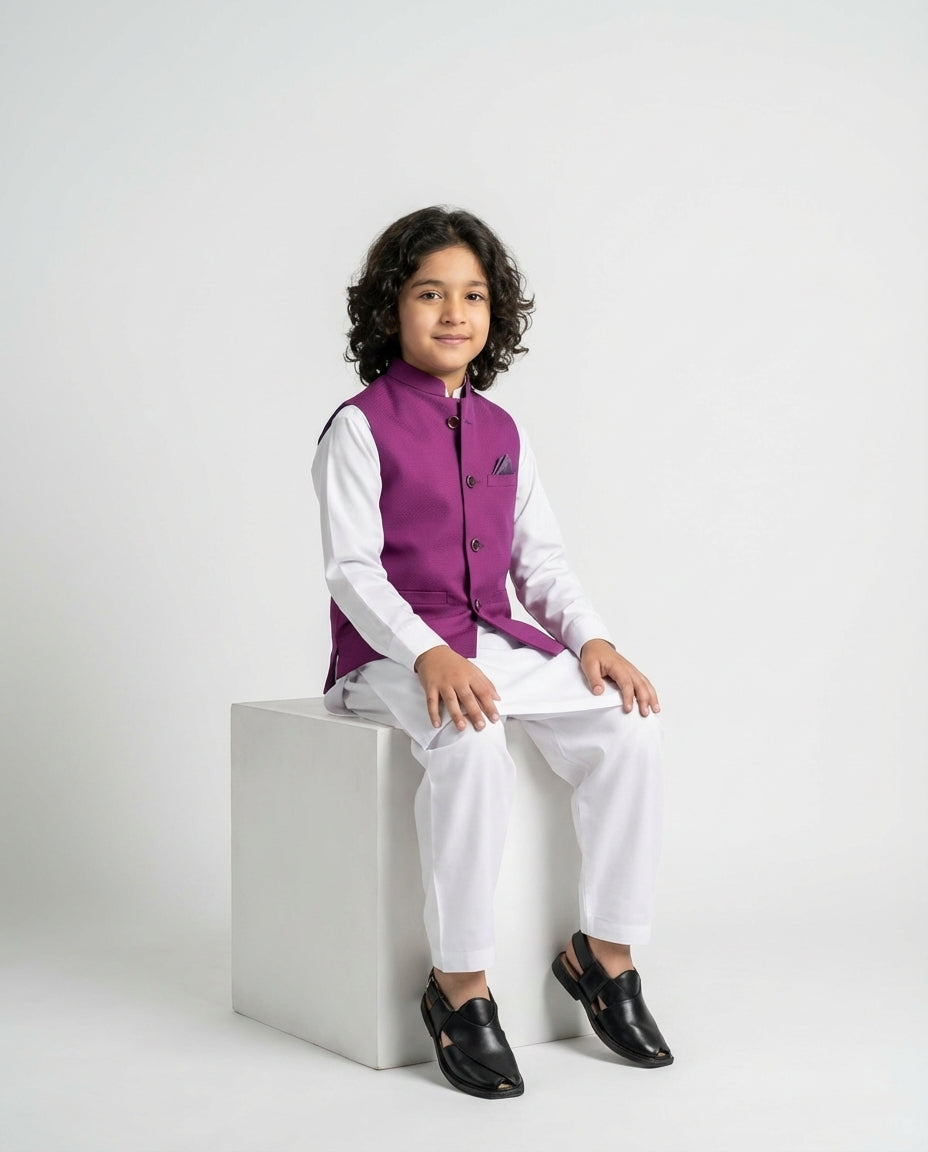 Boys magenta dotted waist coat statement — pattern detail
