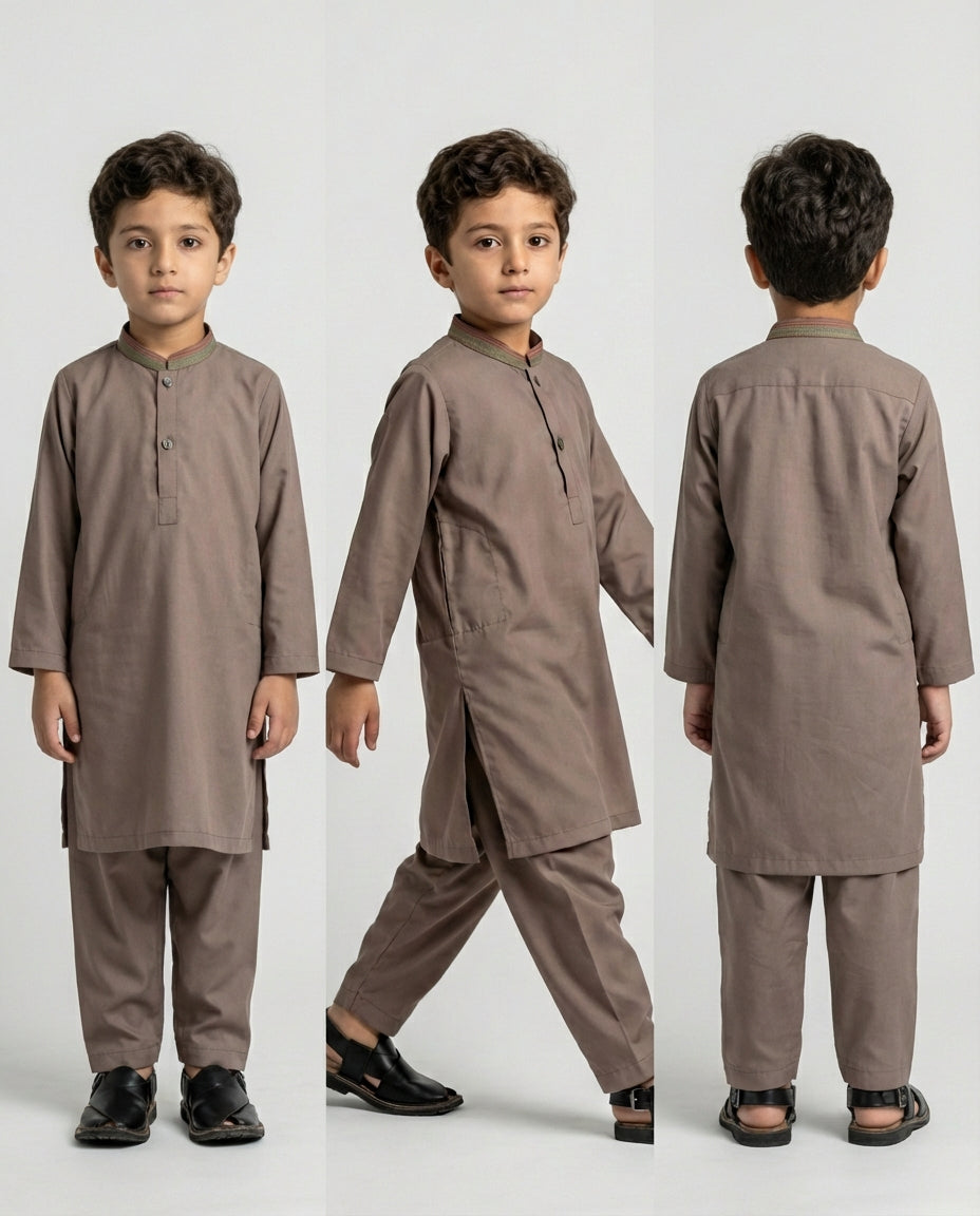 Boys mocha brown minimalist shalwar kameez — collar detail