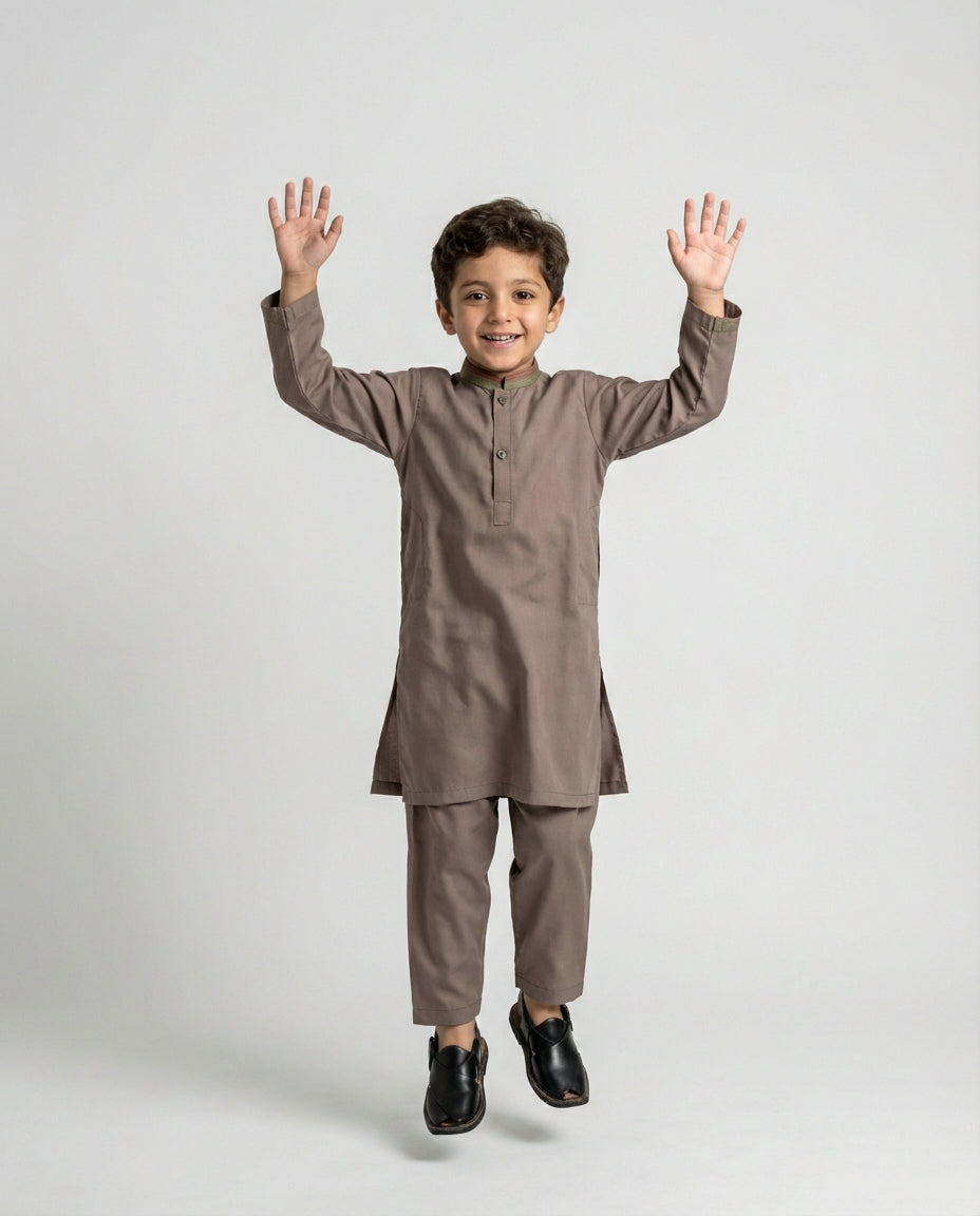 Boys mocha brown minimalist shalwar kameez — side view