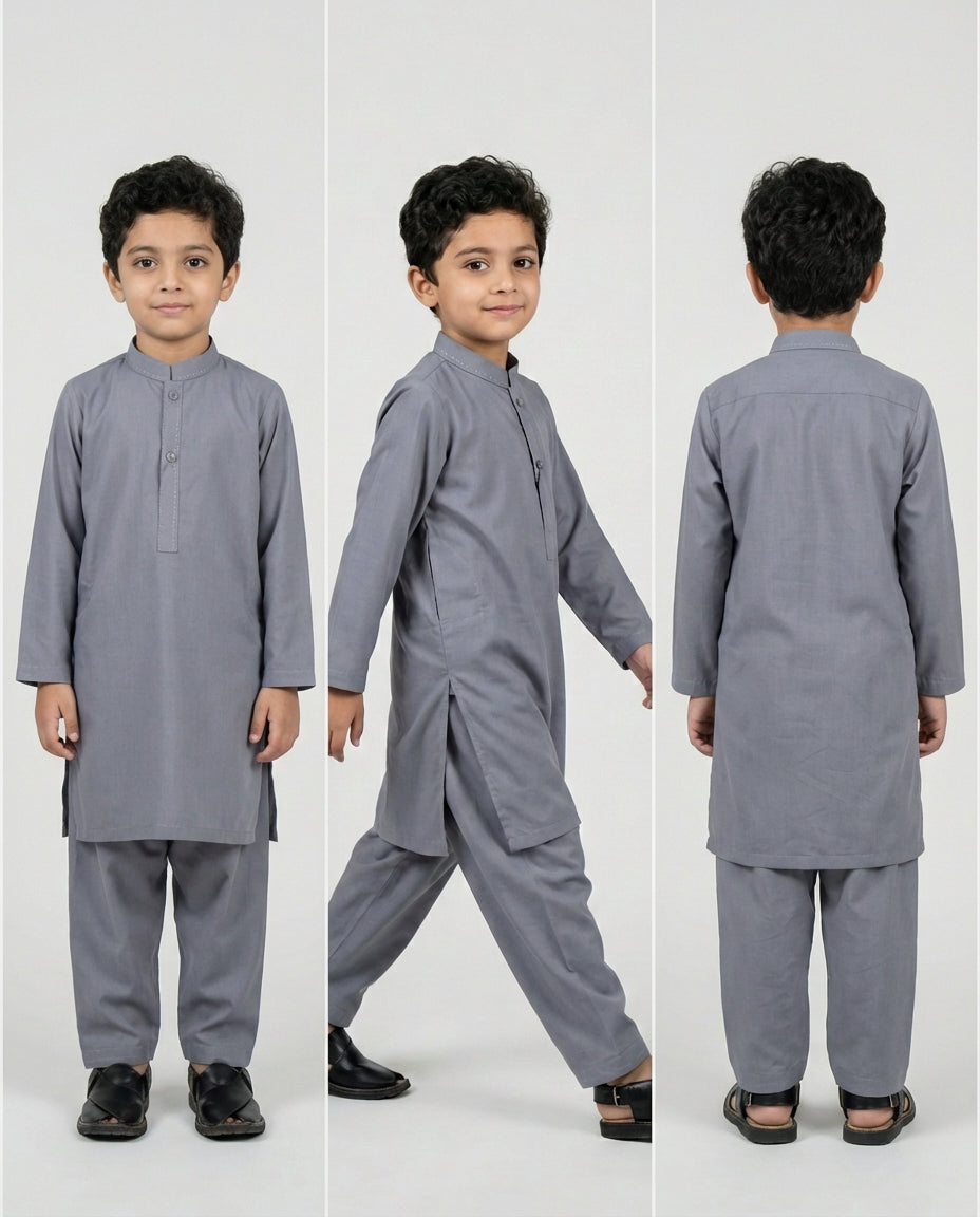 Boys muted grey woven shalwar kameez — fabric detail