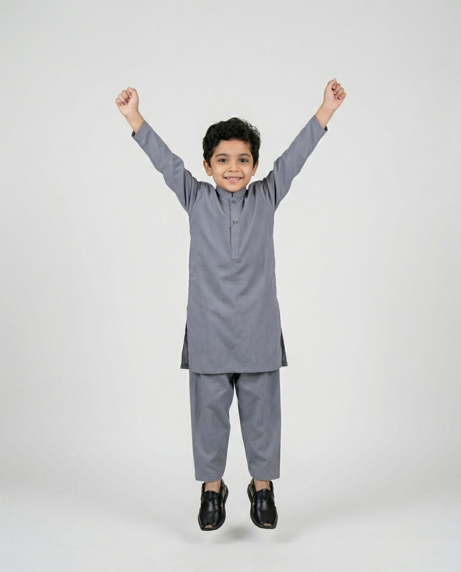 Boys muted grey woven shalwar kameez — side view
