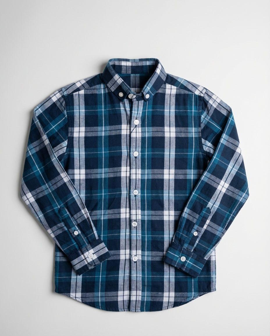 Navy Teal Plaid Shirt for Boys — Cool Tone Check