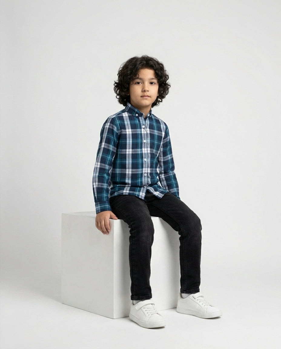Navy Teal Plaid Shirt for Boys — Casual Shirts for Boys — View 3 | Little Giants