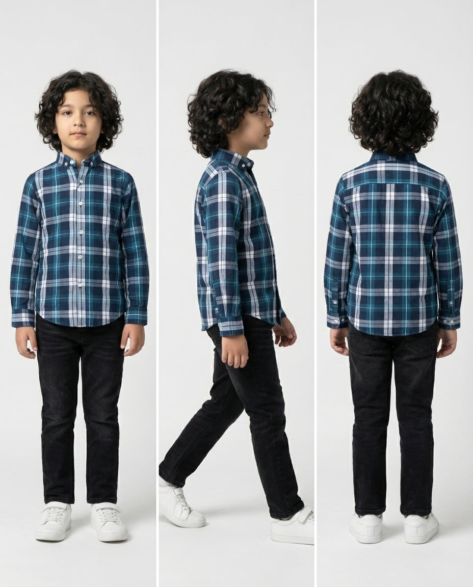 Navy Teal Plaid Shirt for Boys — Casual Shirts for Boys — View 4 | Little Giants